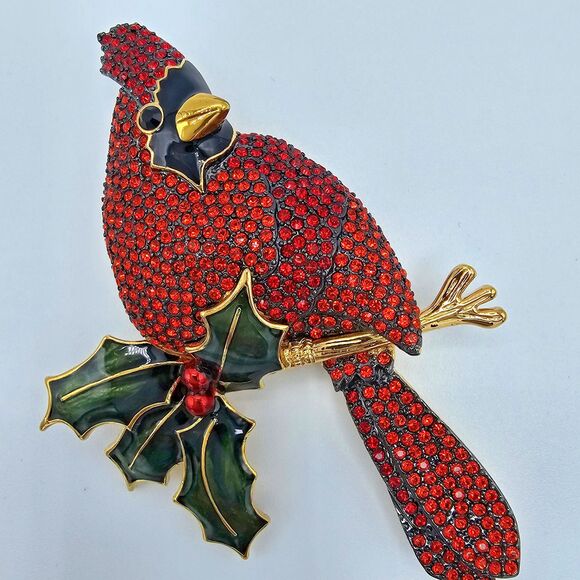 Joan Rivers Cardinal Brooch Vtg Pave Crystal Bird Enamel Holly Holiday Winter - Picture 14 of 14